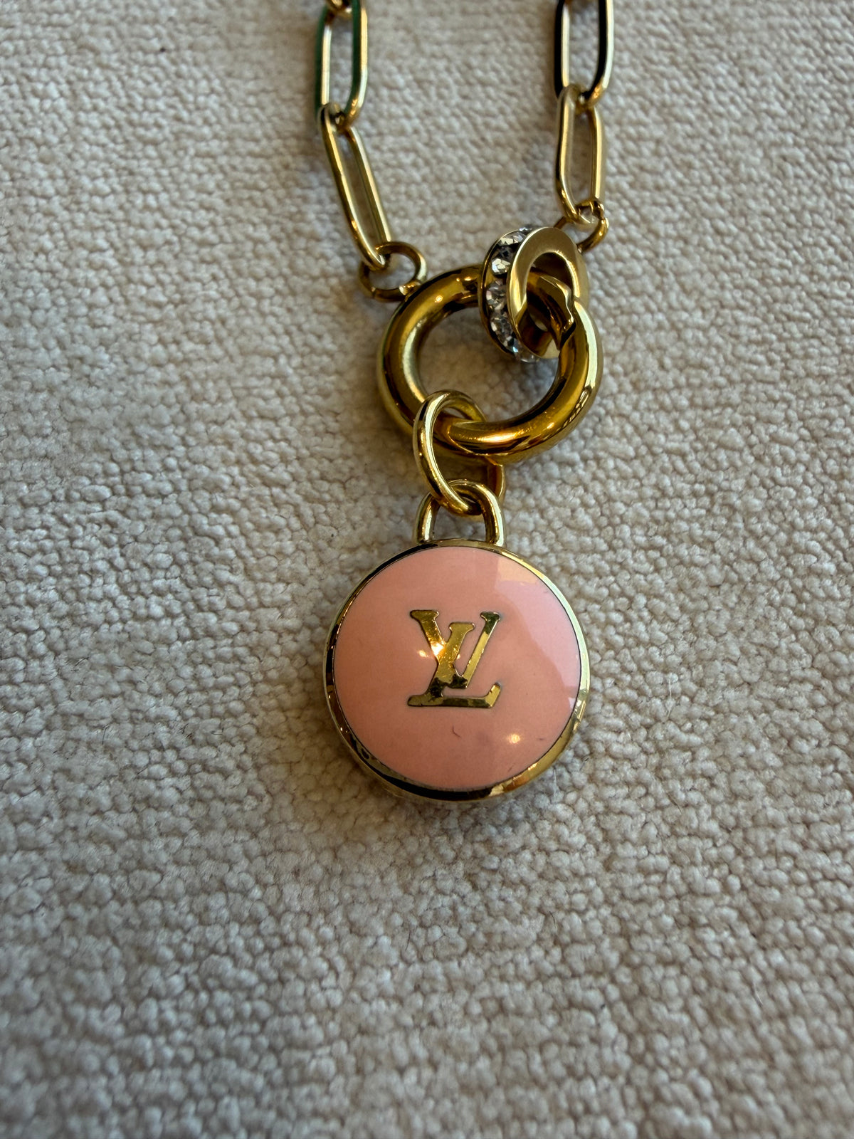 Reworked Louis Vuitton Gold Pastilles Pink LV Logo Charm Necklace
