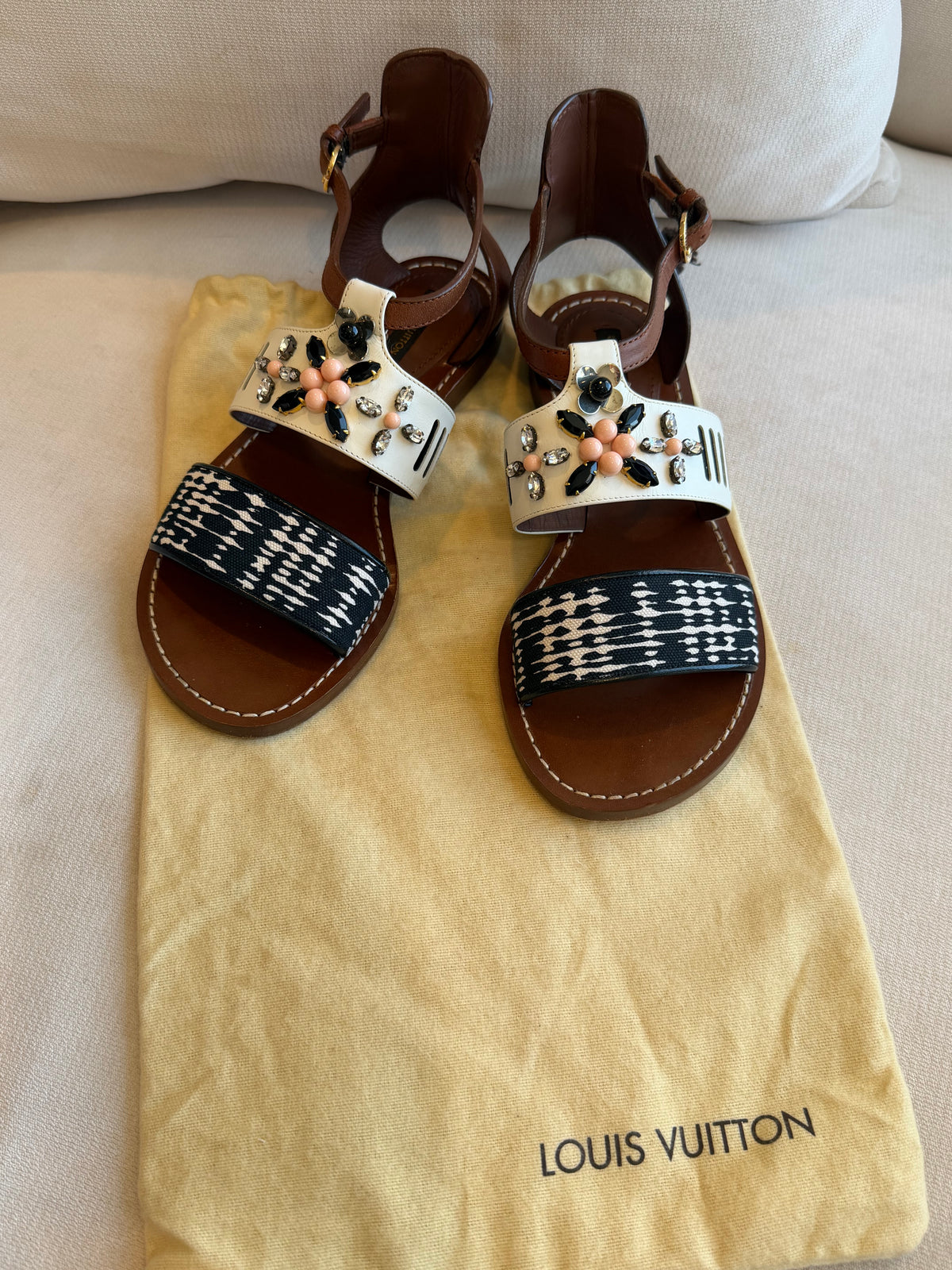 Louis Vuitton Camel White Rhinestone Crystal Sandals 37