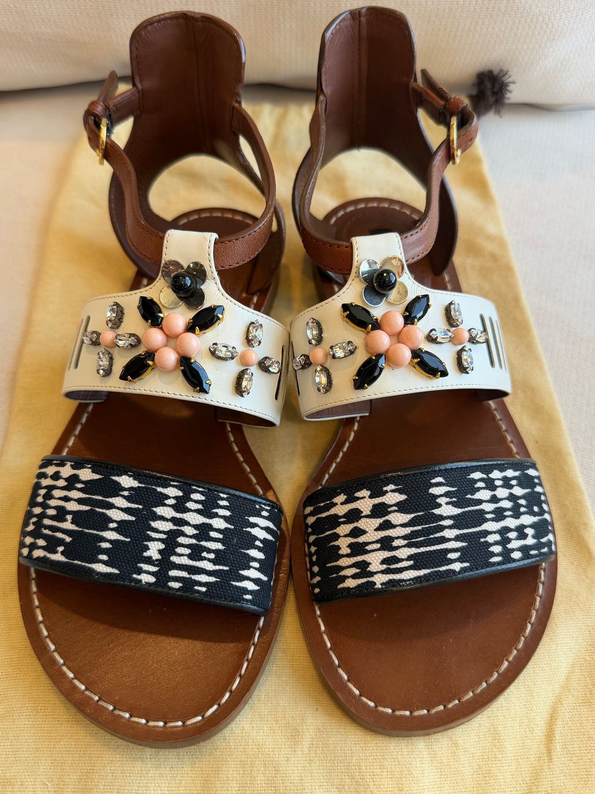 Louis Vuitton Camel White Rhinestone Crystal Sandals 37