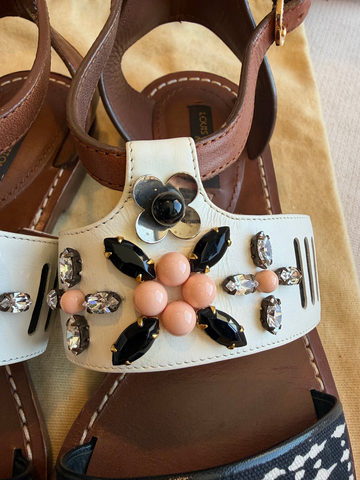 Louis Vuitton Camel White Rhinestone Crystal Sandals 37