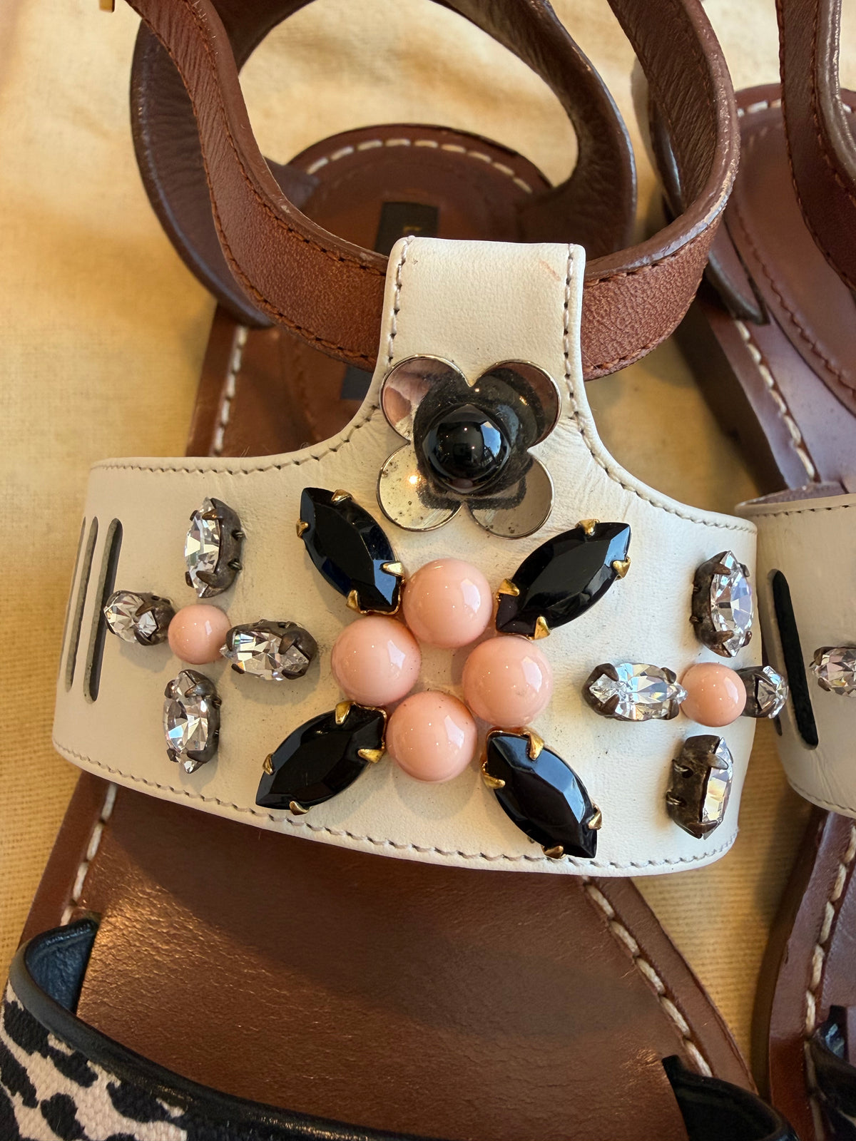 Louis Vuitton Camel White Rhinestone Crystal Sandals 37