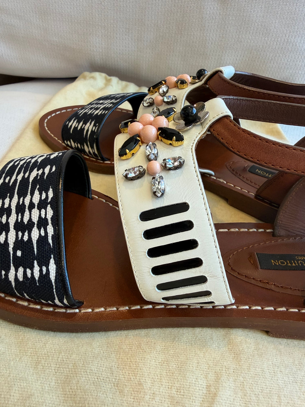 Louis Vuitton Camel White Rhinestone Crystal Sandals 37