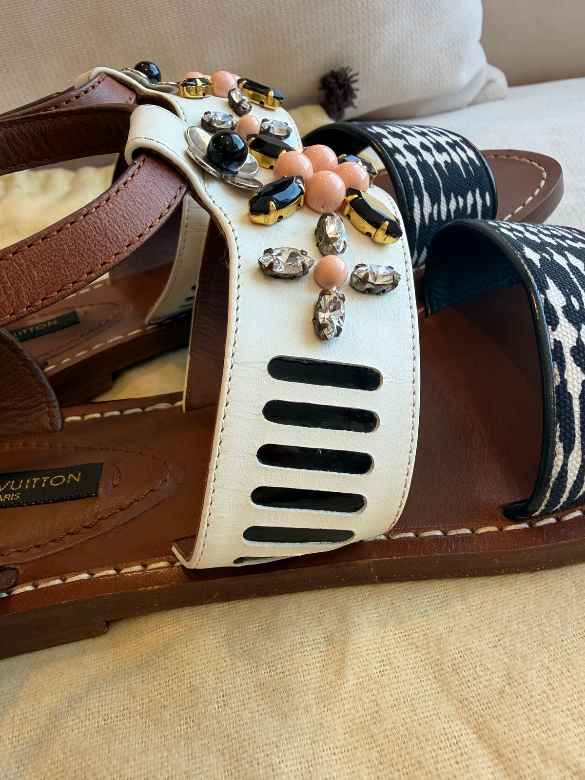 Louis Vuitton Camel White Rhinestone Crystal Sandals 37