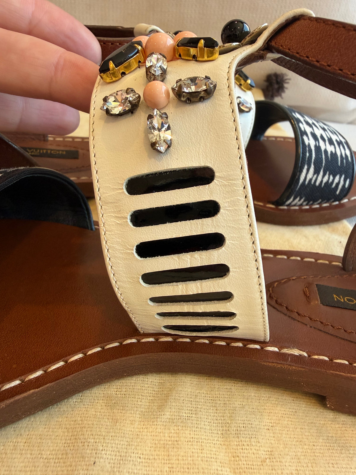 Louis Vuitton Camel White Rhinestone Crystal Sandals 37