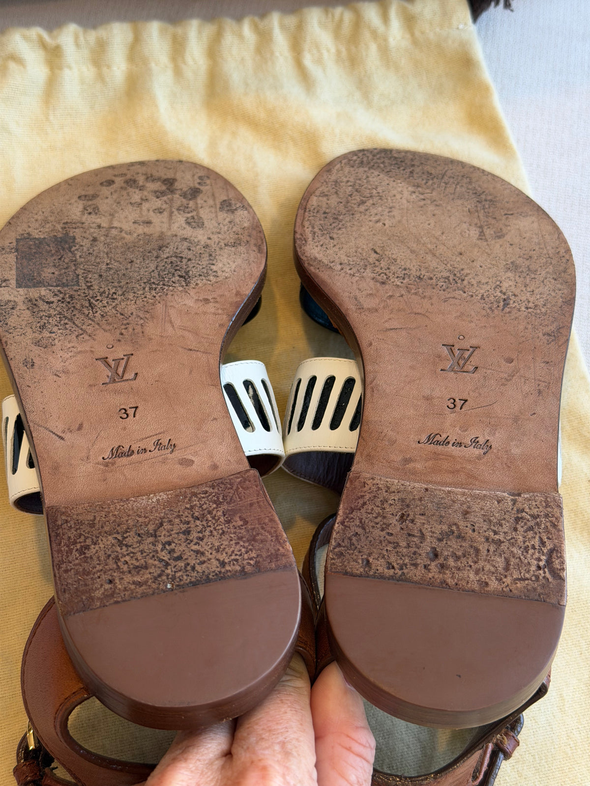 Louis Vuitton Camel White Rhinestone Crystal Sandals 37