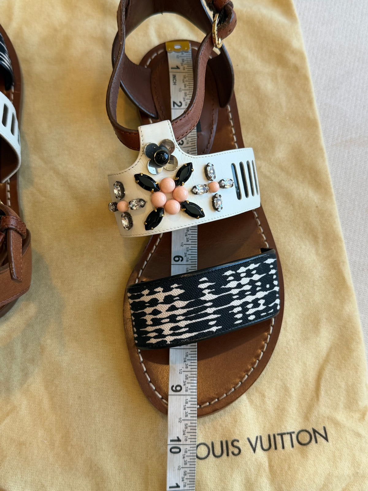 Louis Vuitton Camel White Rhinestone Crystal Sandals 37