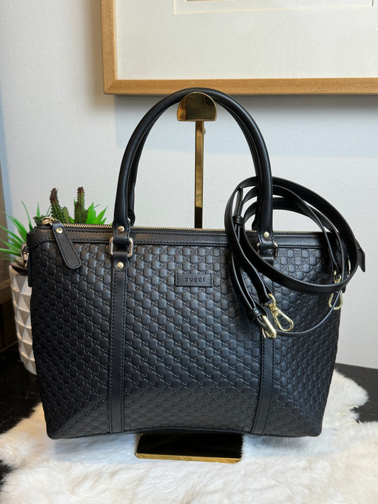 GUCCI Black Soft Micro-Guccissima Small Zippered Satchel Tote