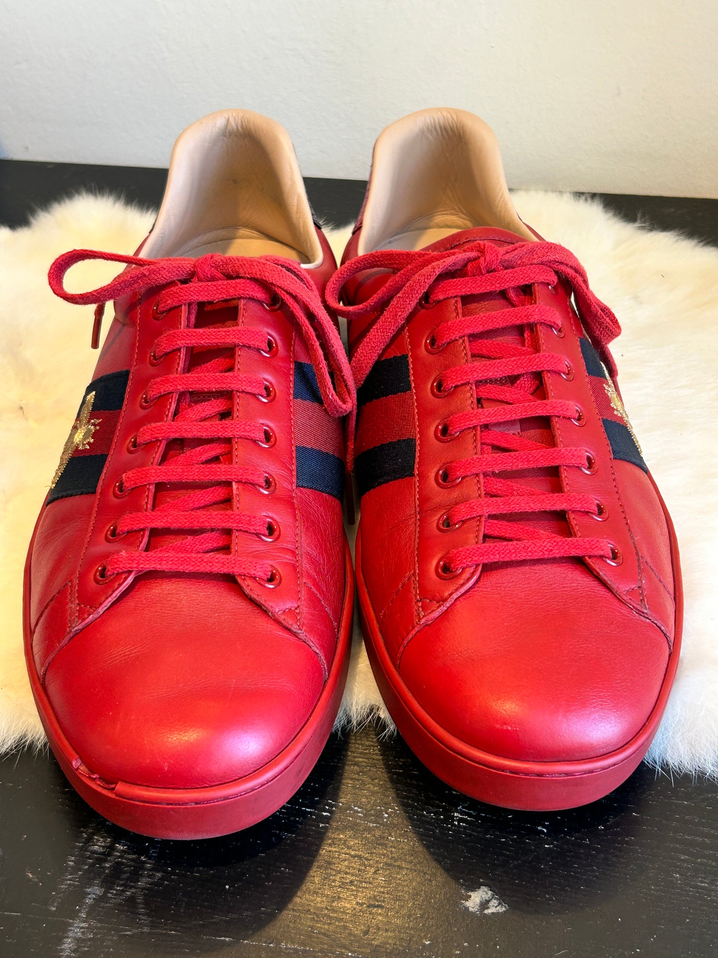 GUCCI Ace Metallic Bees RED Sneakers Mens 12EU