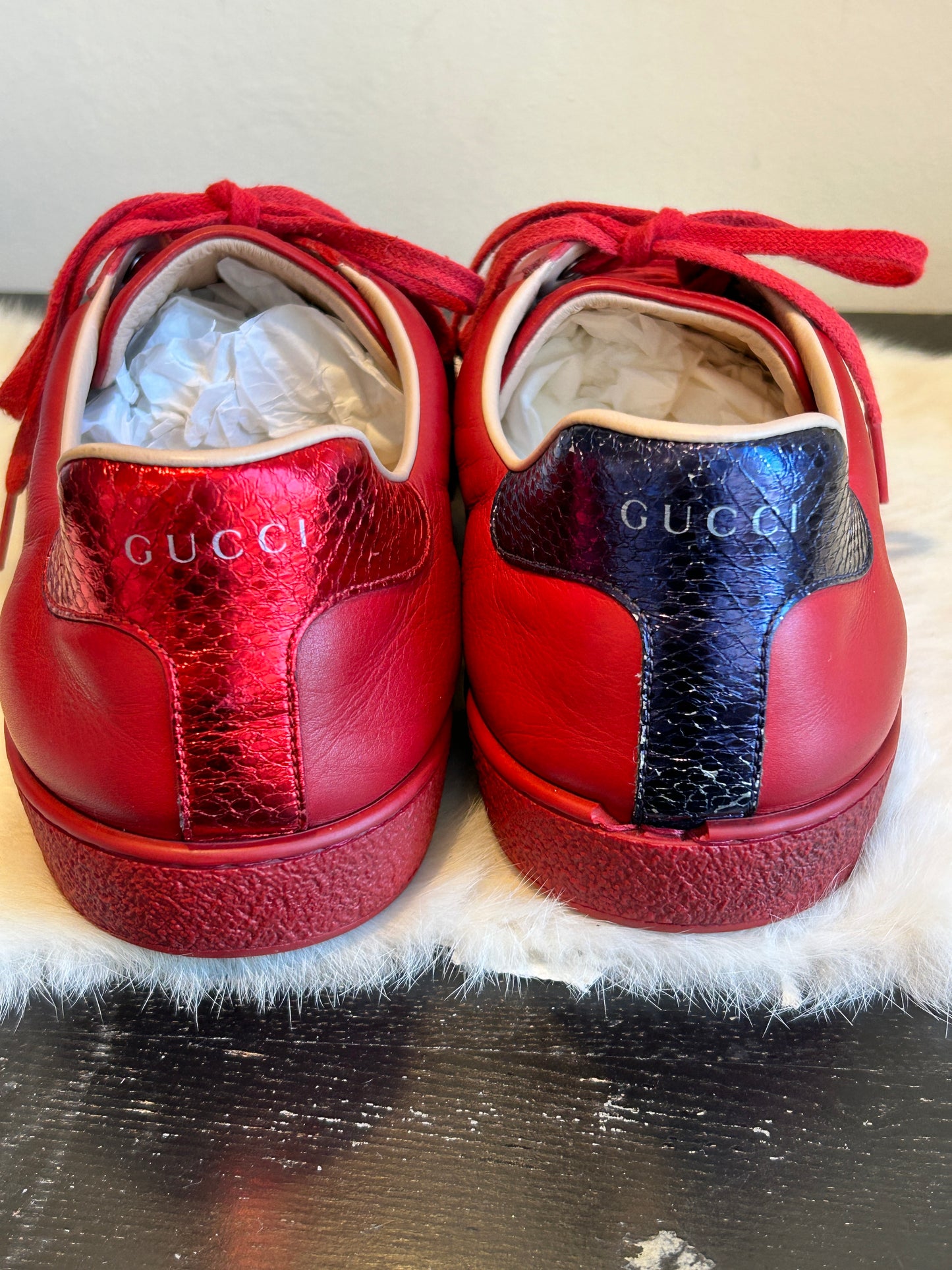 GUCCI Ace Metallic Bees RED Sneakers Mens 12EU