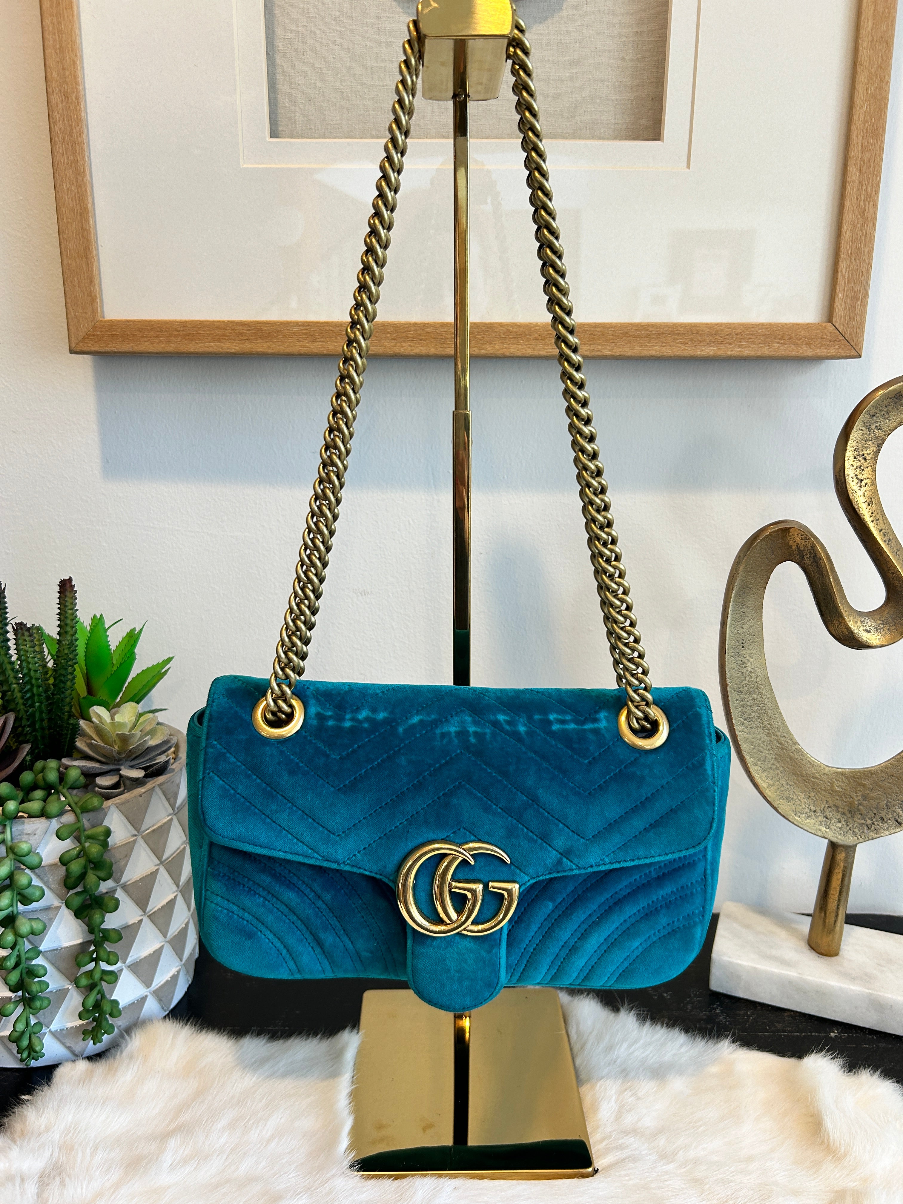 GUCCI Turquoise GG Velvet Marmont Small Bag Ascherman Home