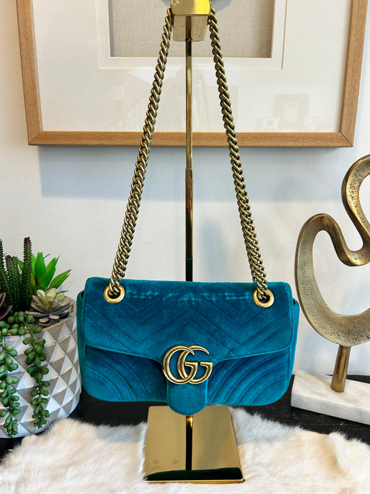 GUCCI Turquoise GG Velvet Marmont Small Bag