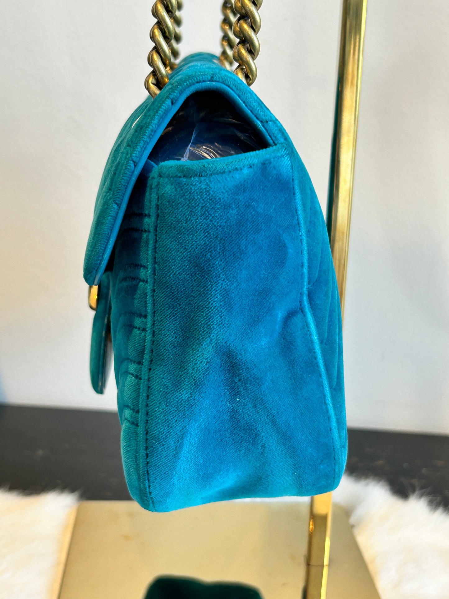 GUCCI Turquoise GG Velvet Marmont Small Bag