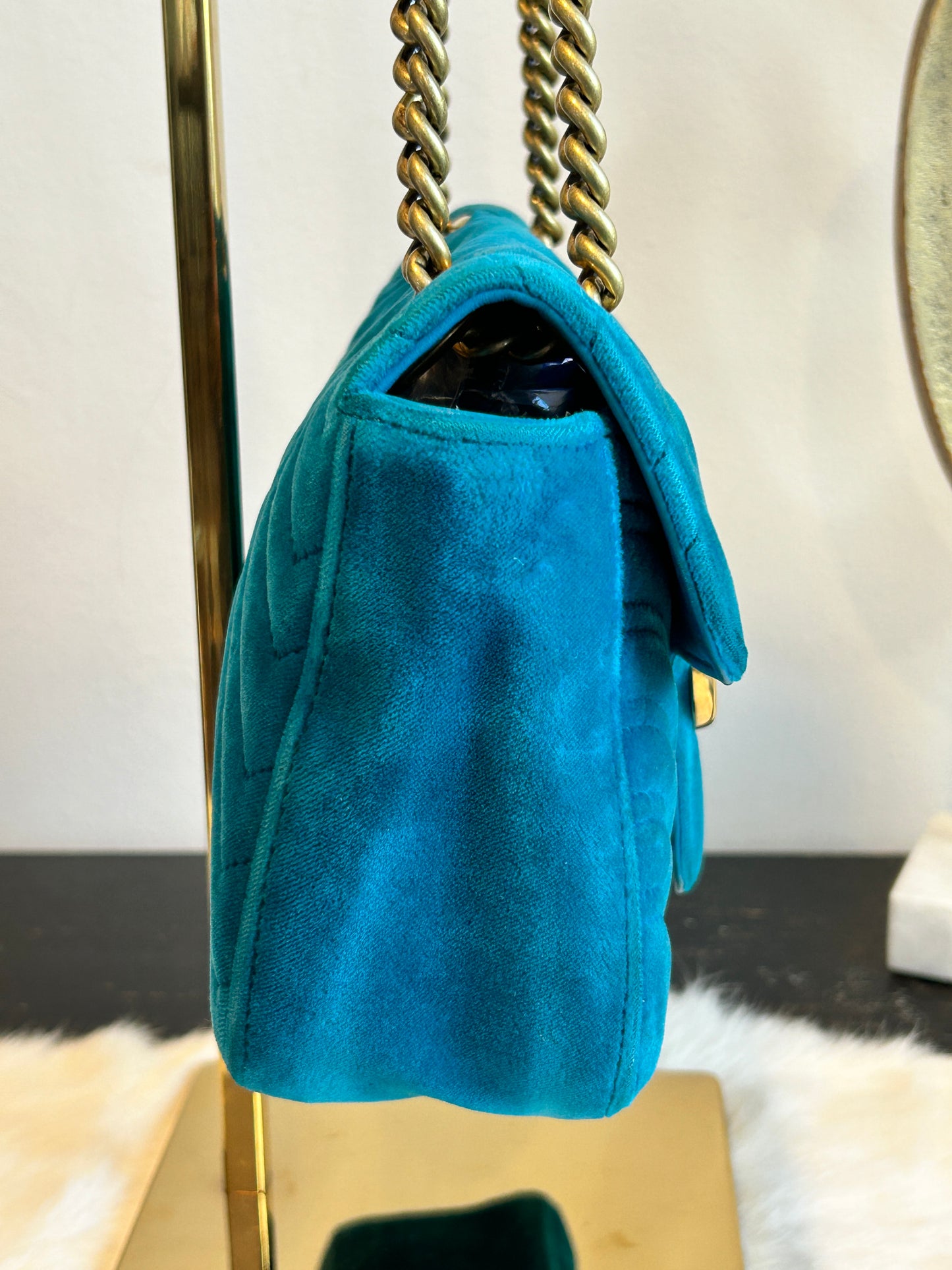 GUCCI Turquoise GG Velvet Marmont Small Bag