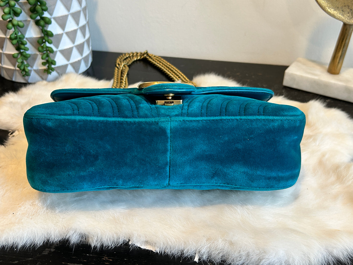 GUCCI Turquoise GG Velvet Marmont Small Bag