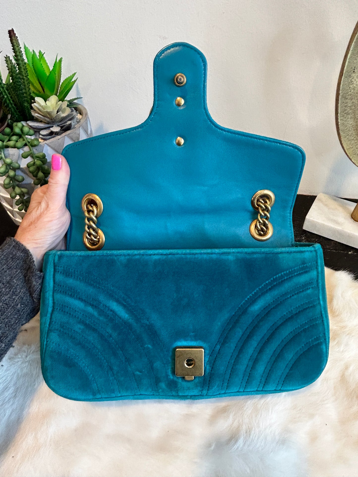 GUCCI Turquoise GG Velvet Marmont Small Bag