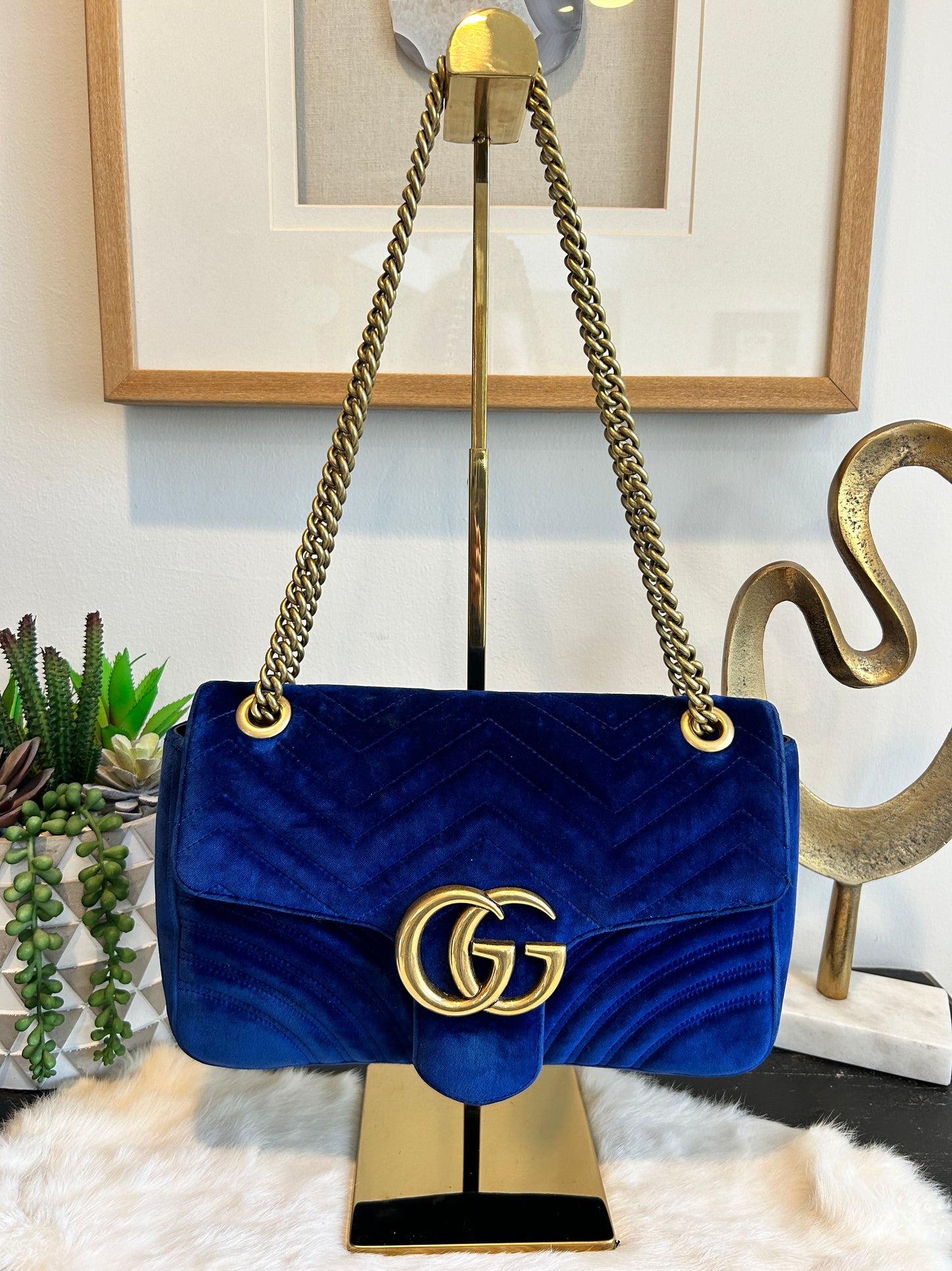 GUCCI Velvet Medium GG Marmont Bag Blue