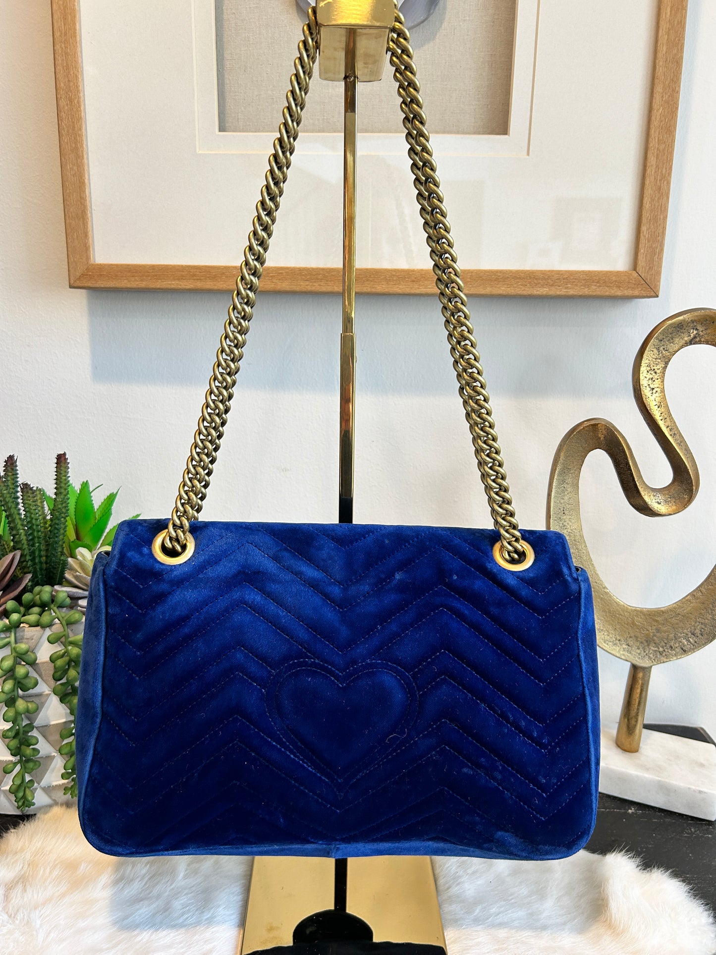 GUCCI Velvet Medium GG Marmont Bag Blue