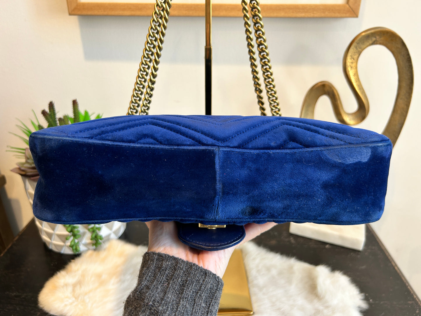 GUCCI Velvet Medium GG Marmont Bag Blue