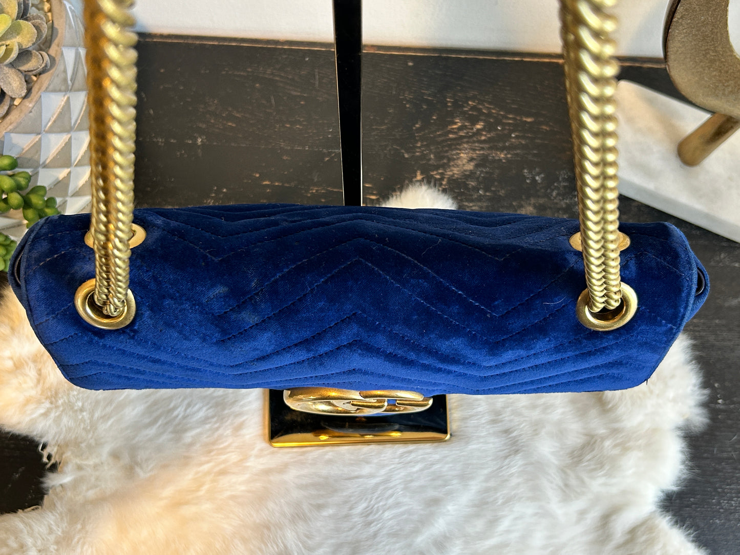 GUCCI Velvet Medium GG Marmont Bag Blue