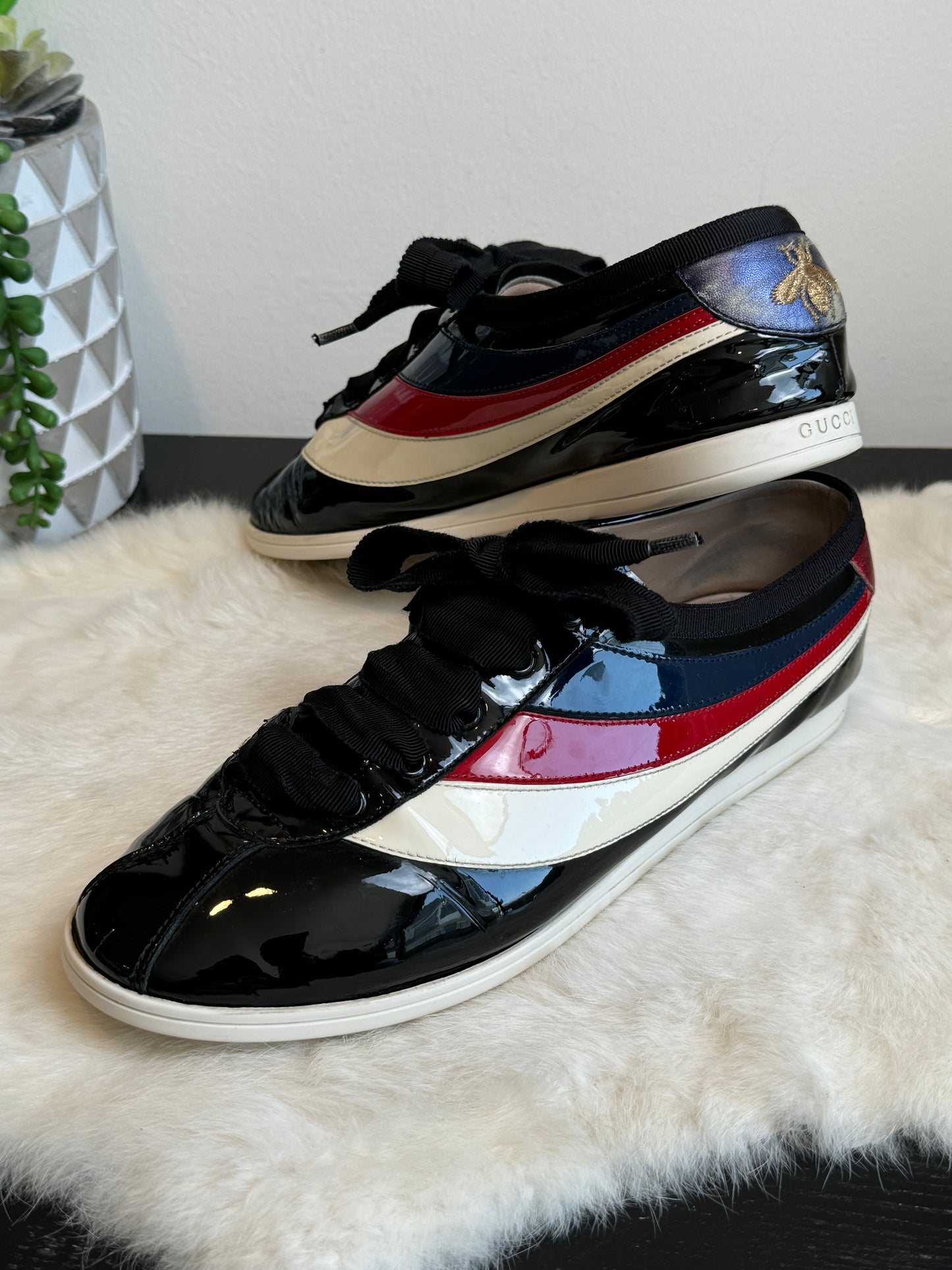 Gucci Patent Black Stripe Sneakers Size 7.5EU (40.5EU)