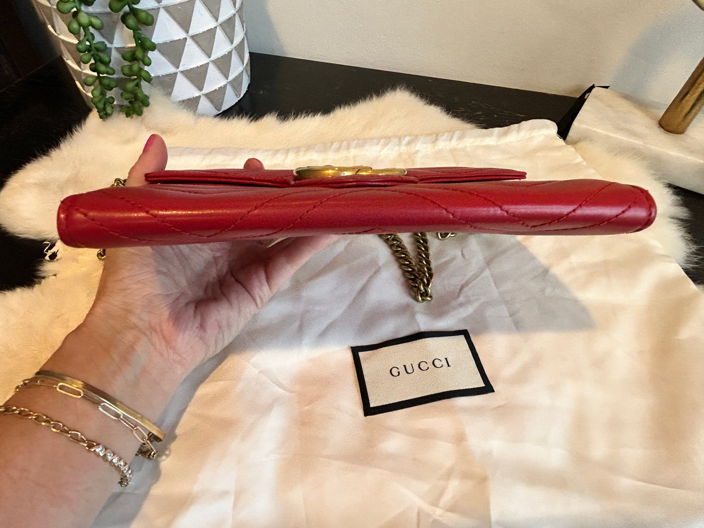 GUCCI Calfskin Matelasse GG Marmont Wallet on Chain Red