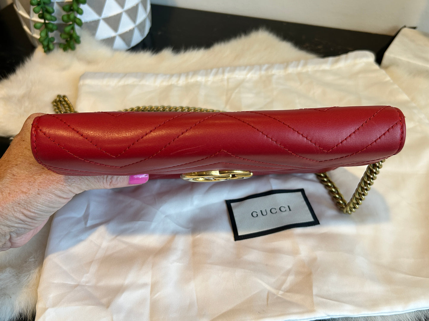 GUCCI Calfskin Matelasse GG Marmont Wallet on Chain Red