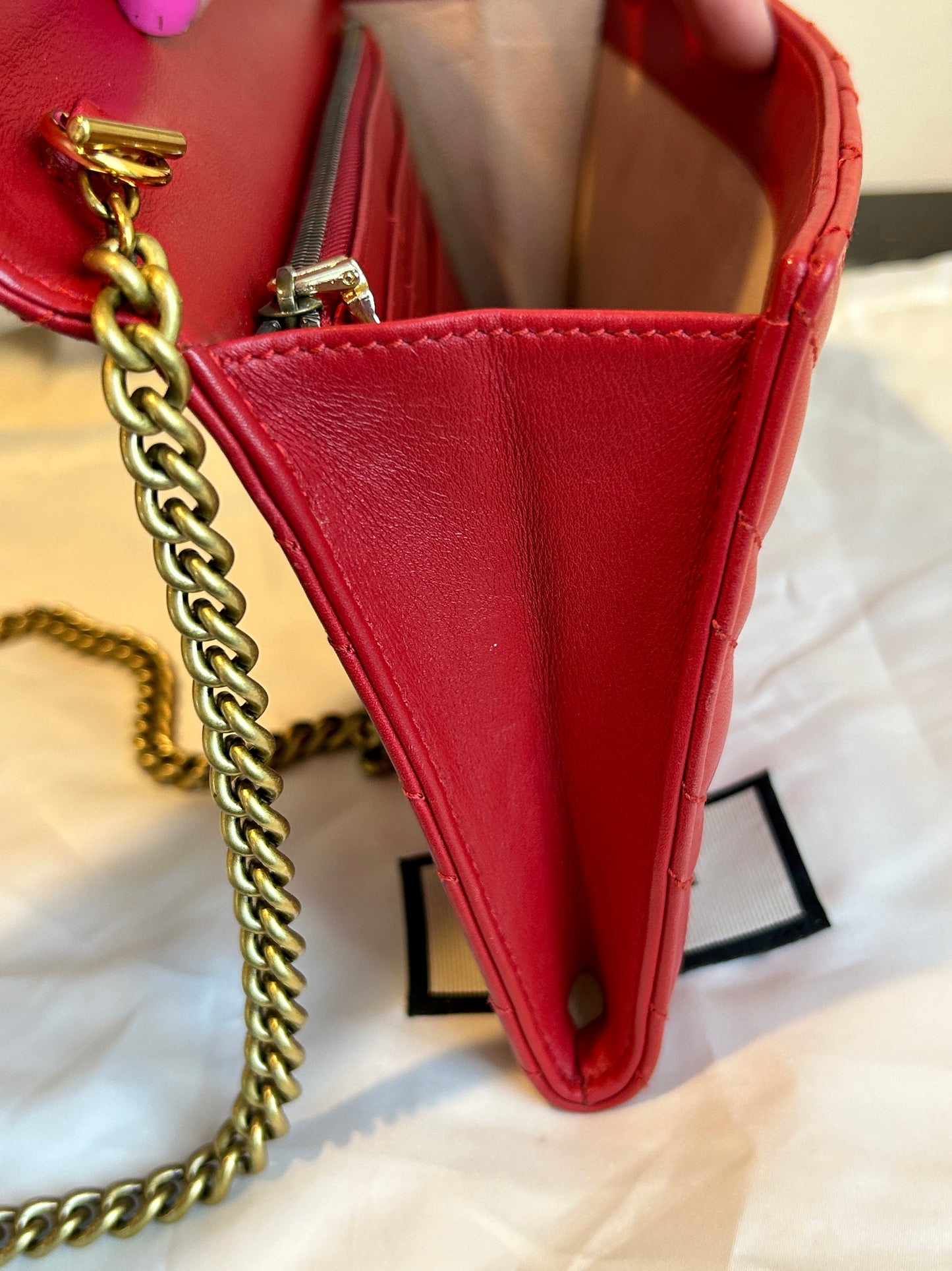 GUCCI Calfskin Matelasse GG Marmont Wallet on Chain Red