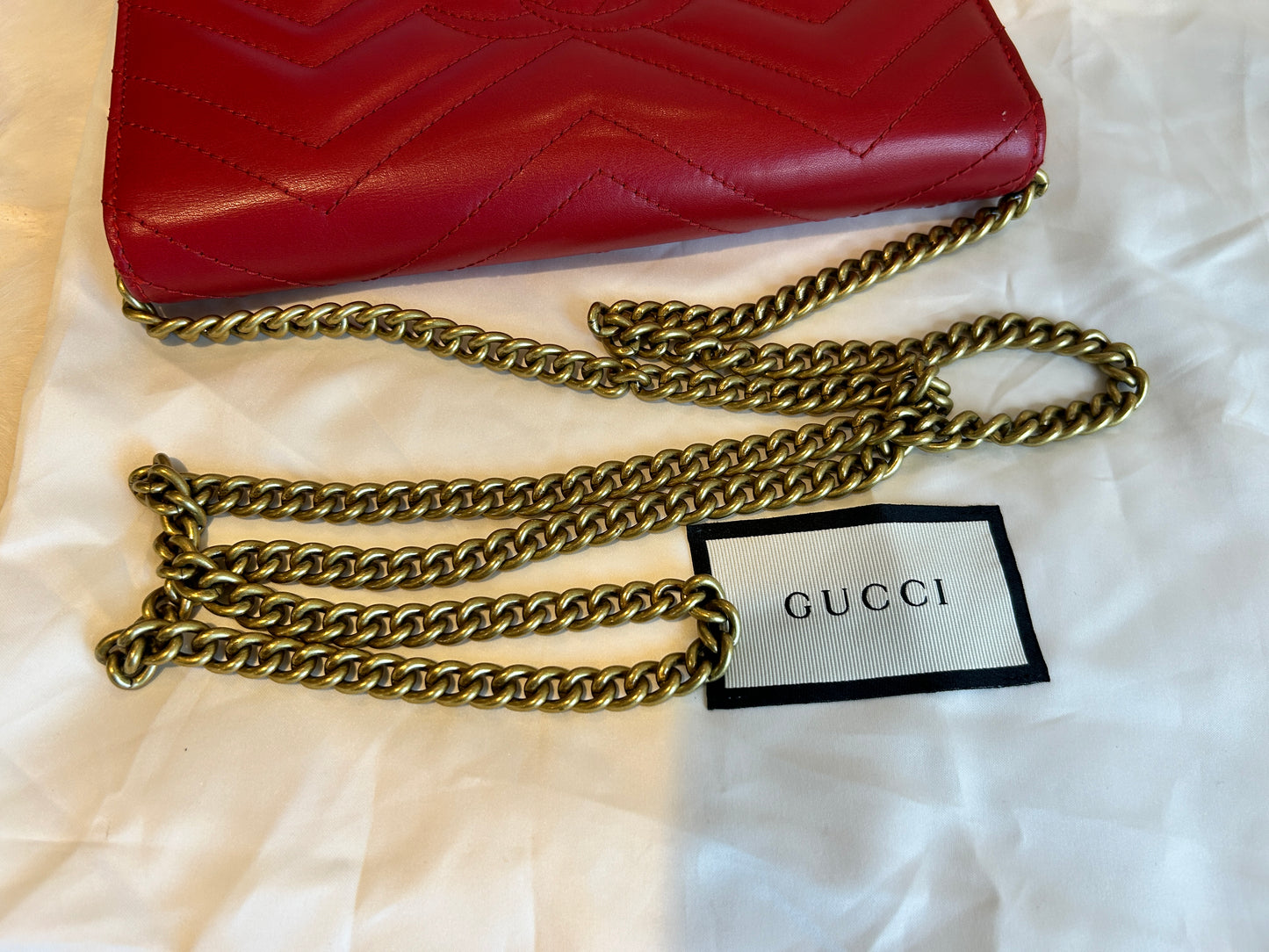 GUCCI Calfskin Matelasse GG Marmont Wallet on Chain Red