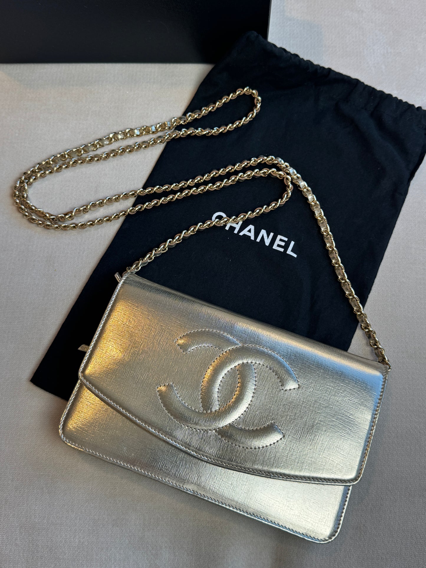 Chanel Metallic Gold Timeless Leather Wallet On Chain