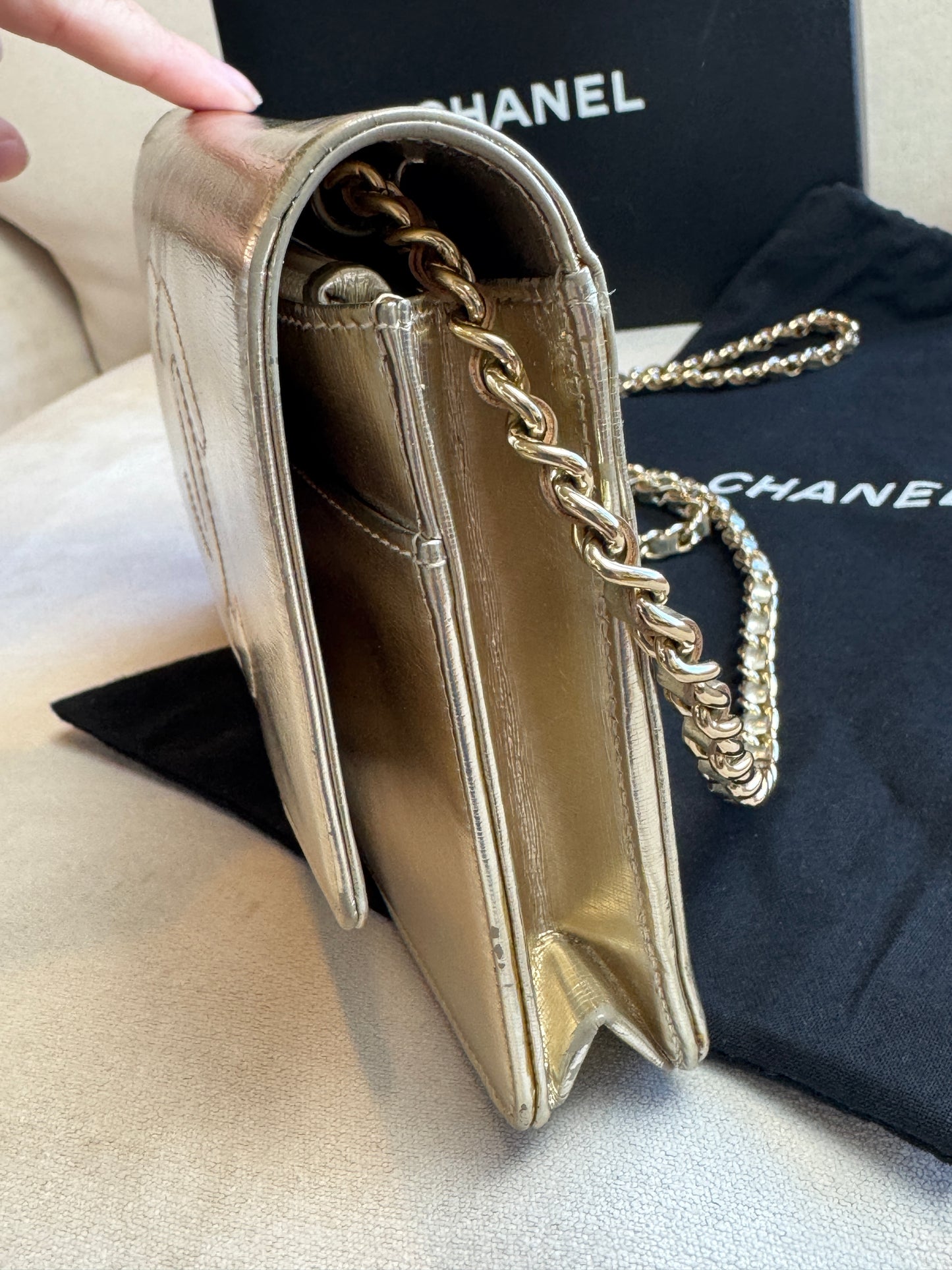 Chanel Metallic Gold Timeless Leather Wallet On Chain