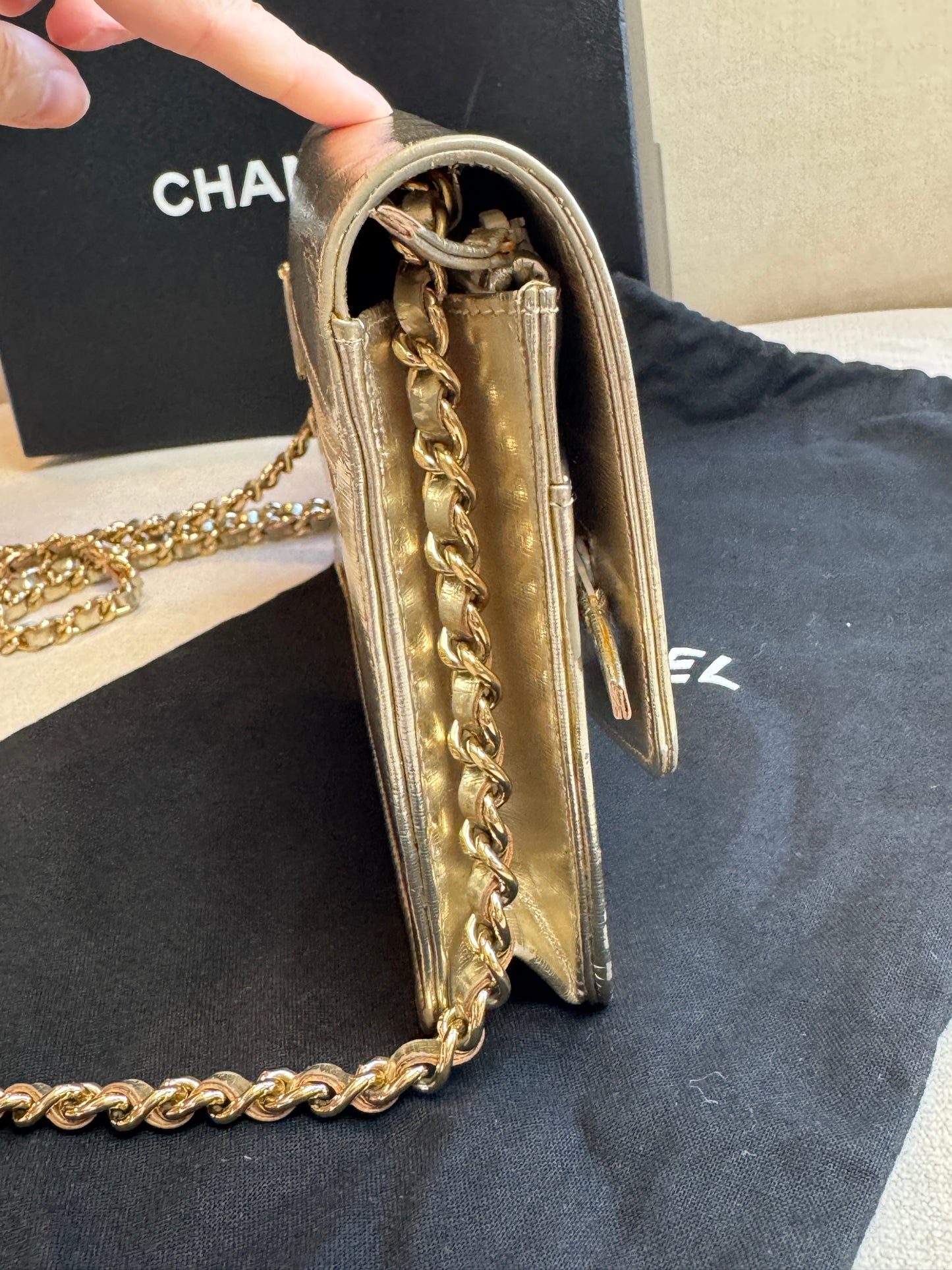 Chanel Metallic Gold Timeless Leather Wallet On Chain