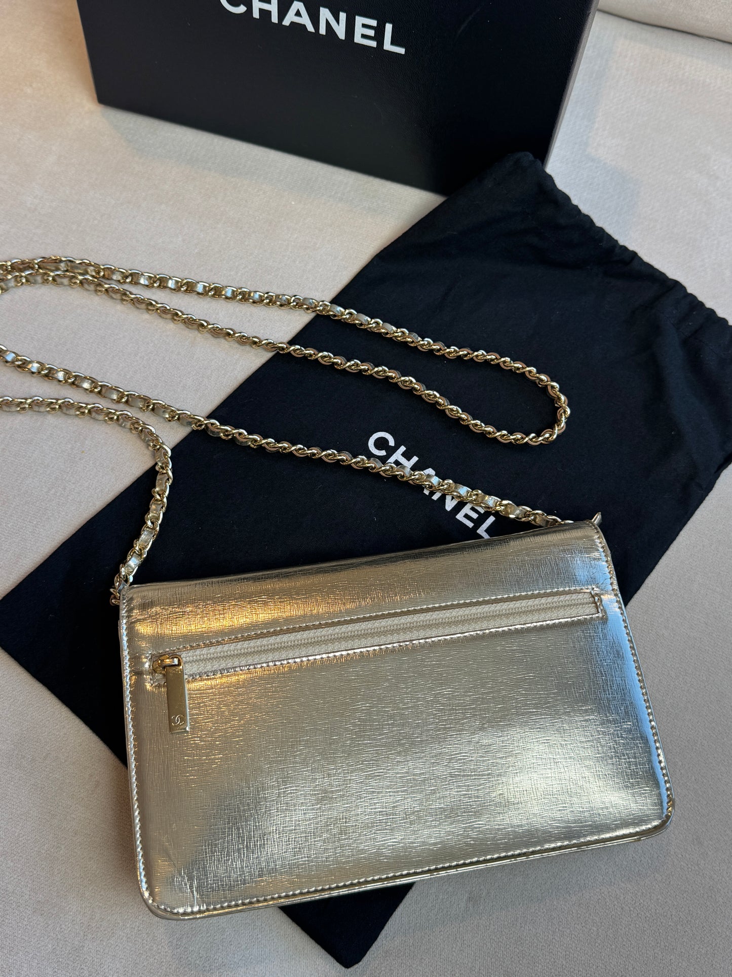 Chanel Metallic Gold Timeless Leather Wallet On Chain