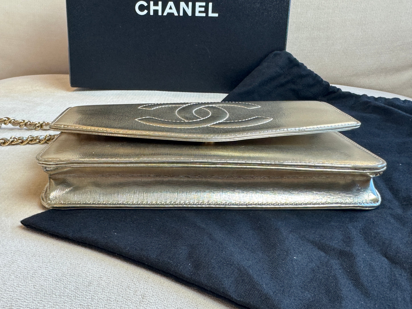 Chanel Metallic Gold Timeless Leather Wallet On Chain
