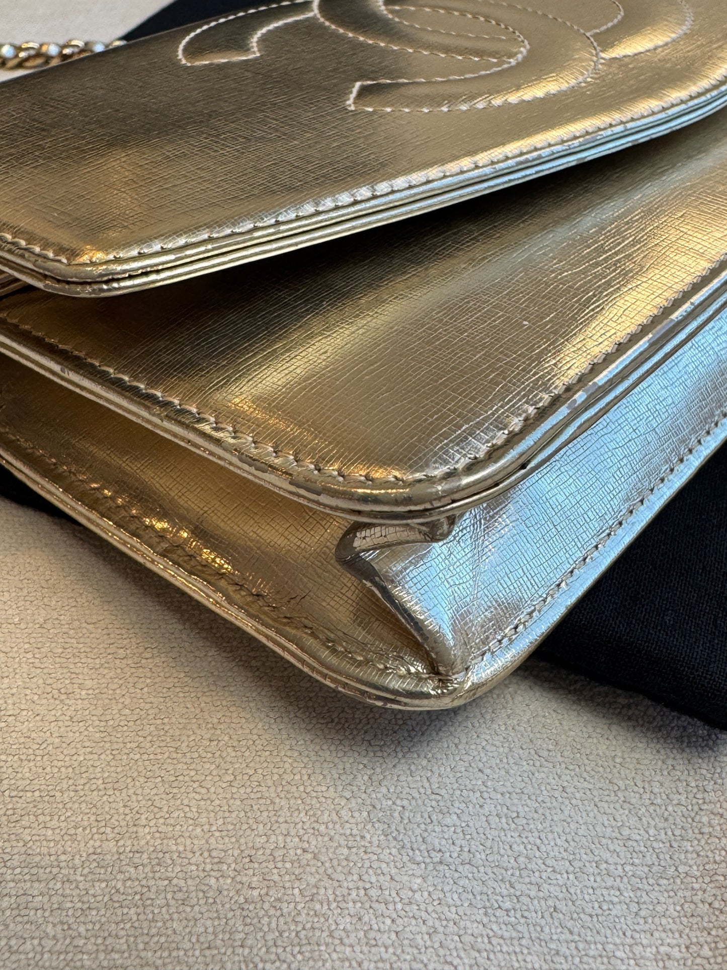 Chanel Metallic Gold Timeless Leather Wallet On Chain