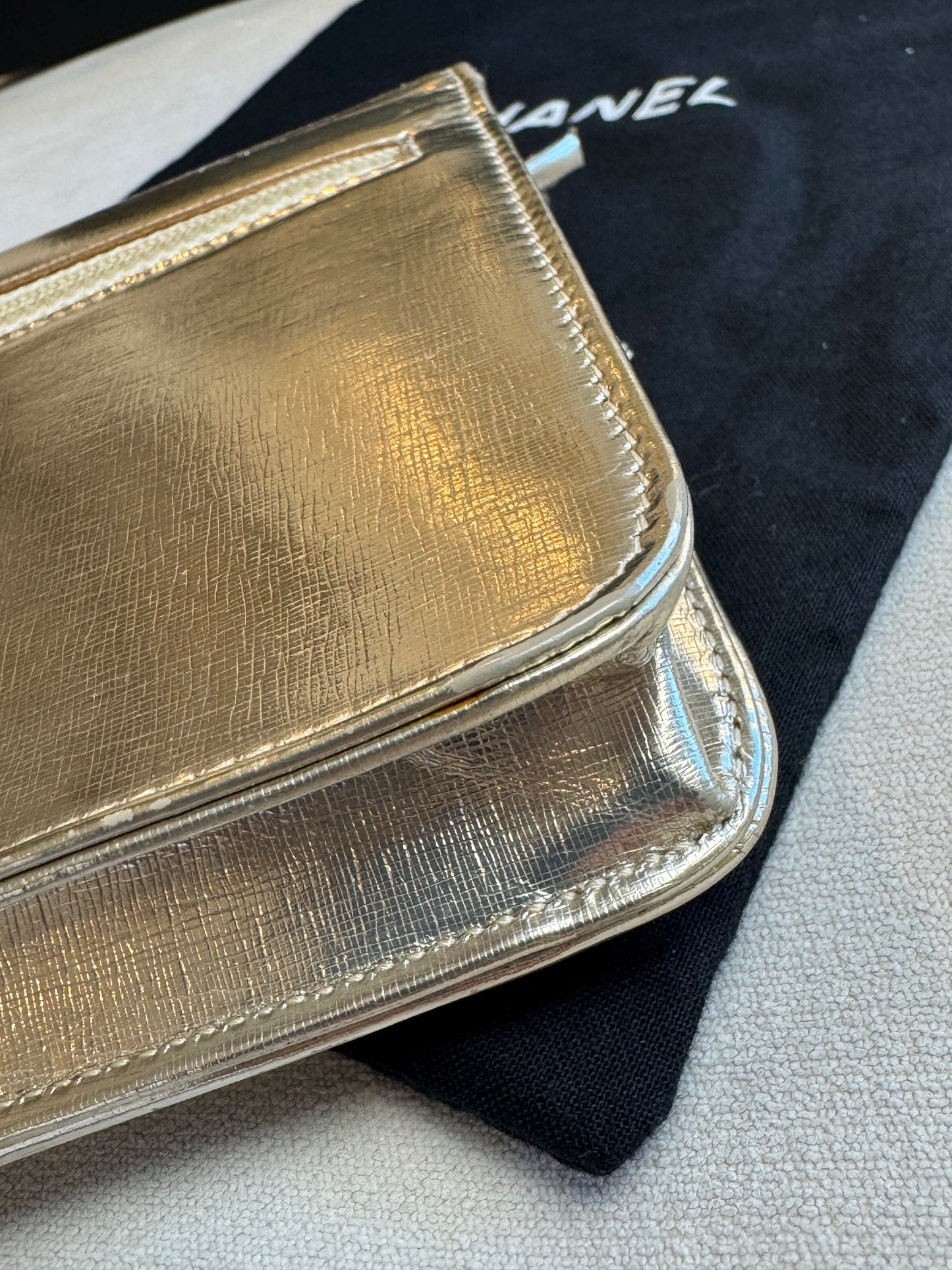 Chanel Metallic Gold Timeless Leather Wallet On Chain