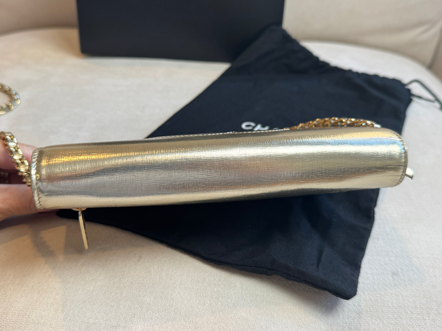 Chanel Metallic Gold Timeless Leather Wallet On Chain