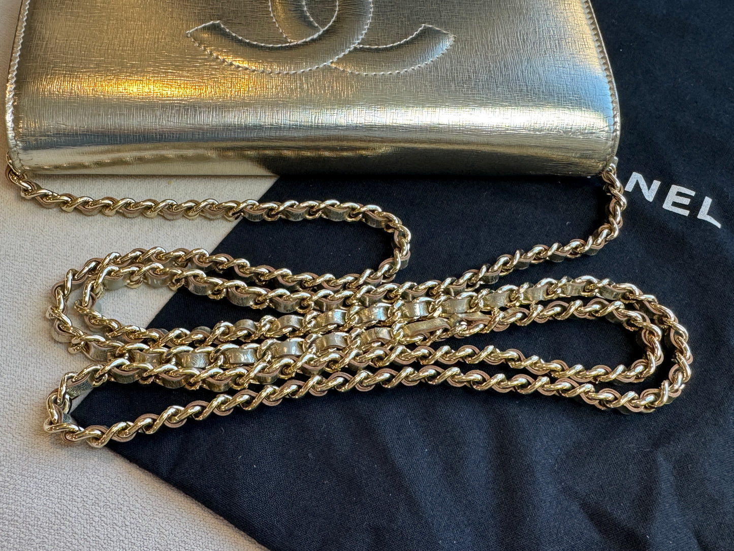 Chanel Metallic Gold Timeless Leather Wallet On Chain