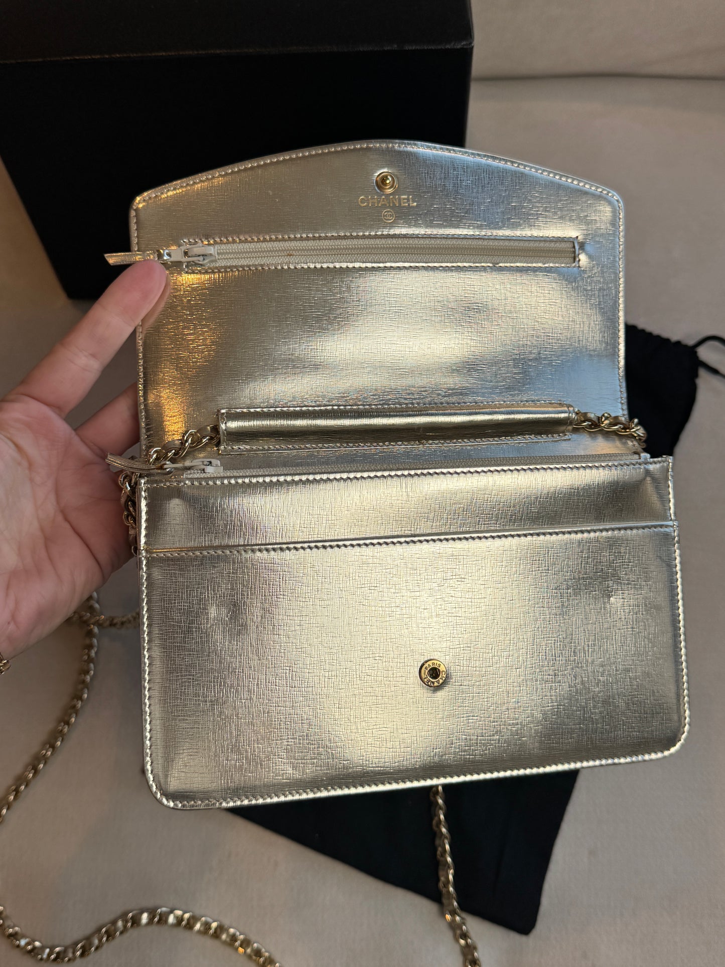 Chanel Metallic Gold Timeless Leather Wallet On Chain