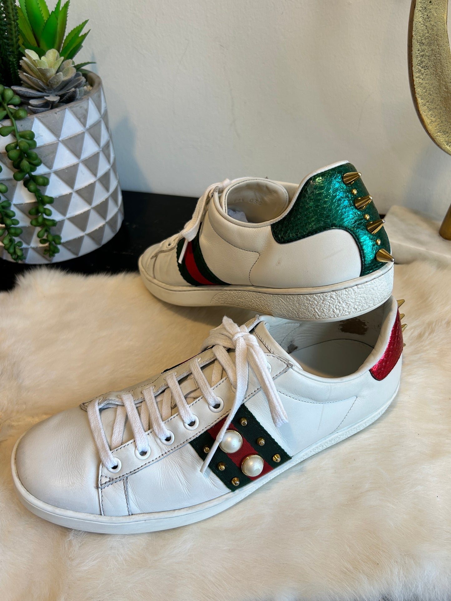 GUCCI Ace Pearl Spikes Sneakers Women's 39.5