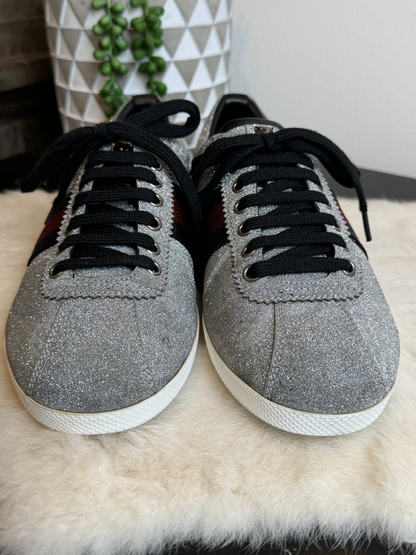 GUCCI Ace Silver Glitter Studded Mens Size 8EU (41EU)