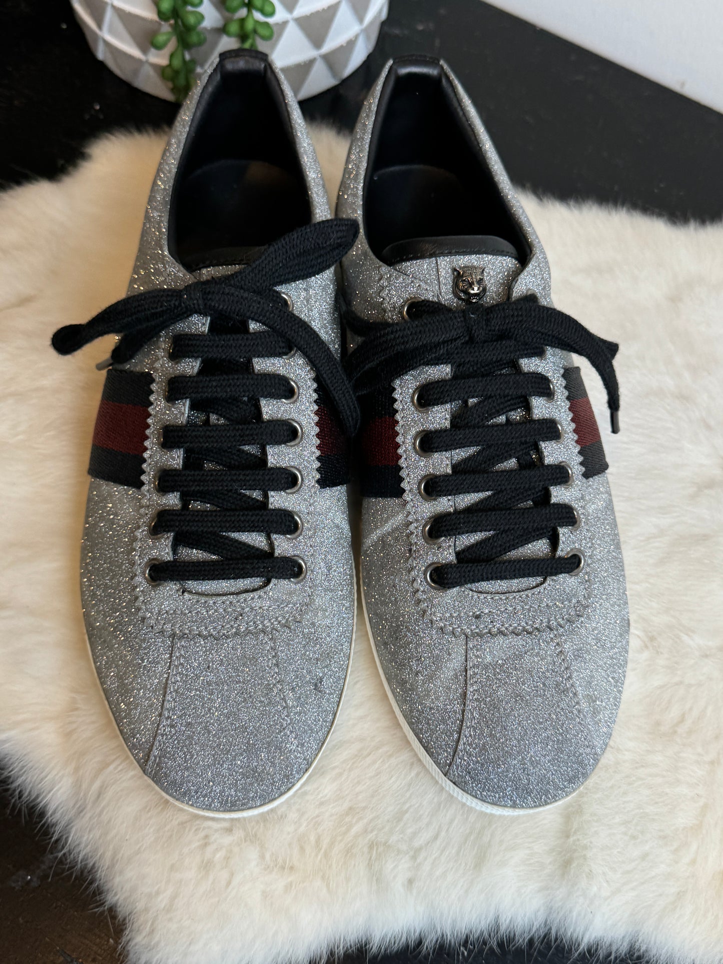 GUCCI Ace Silver Glitter Studded Mens Size 8EU (41EU)