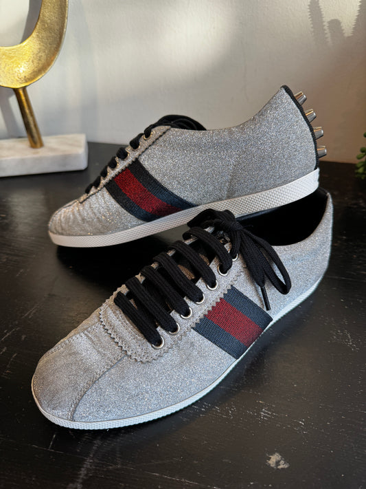 GUCCI Ace Silver Glitter Studded Women's Size 39EU