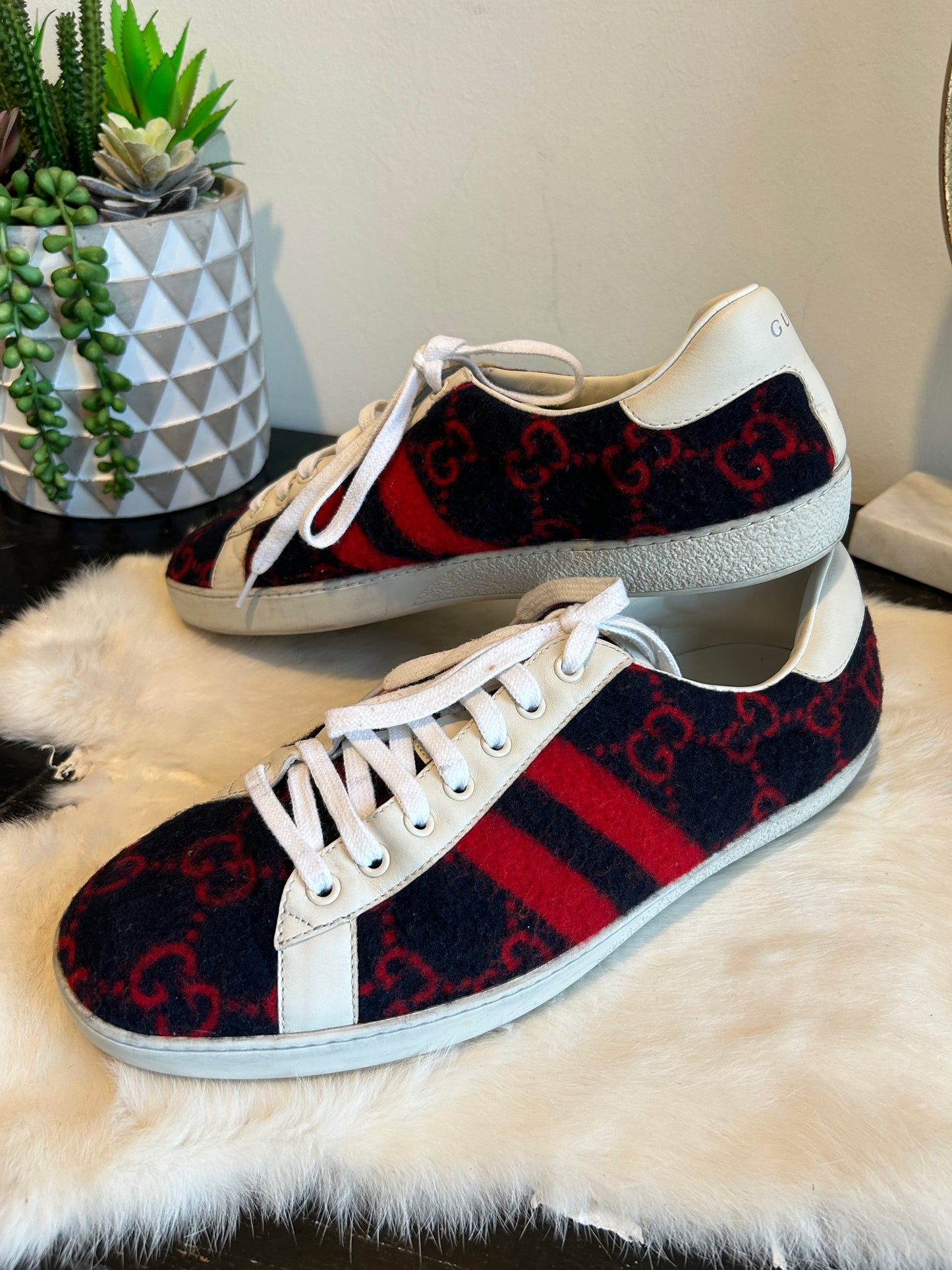 GUCCI Ace Fleece Sneakers Navy/Red Mens 10EU