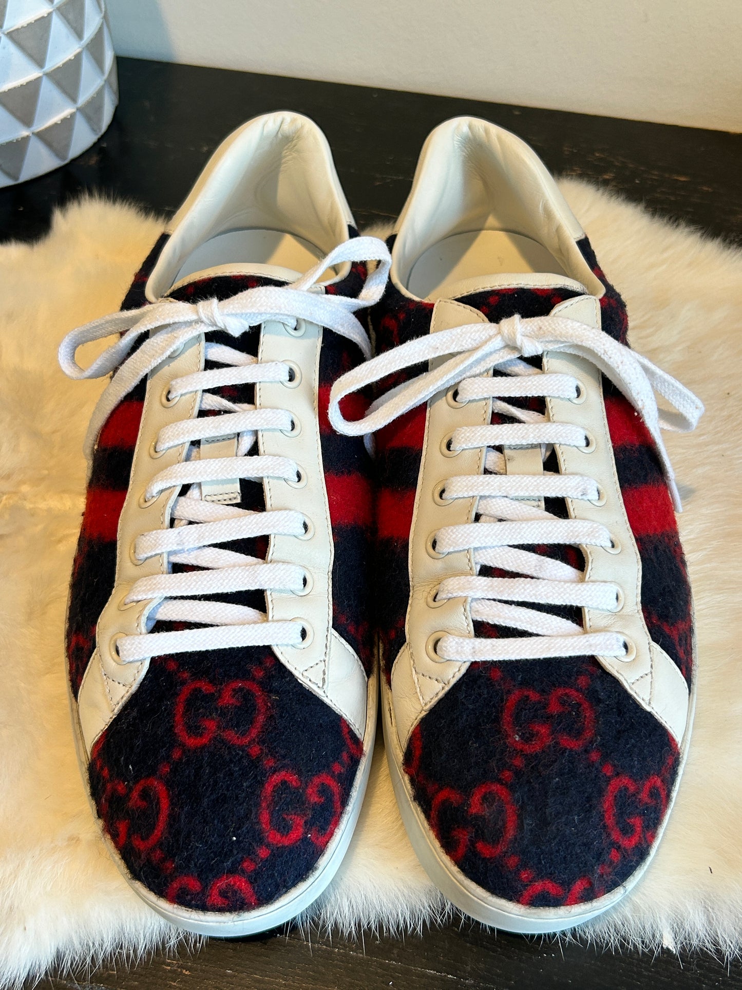 GUCCI Ace Fleece Sneakers Navy/Red Mens 10EU