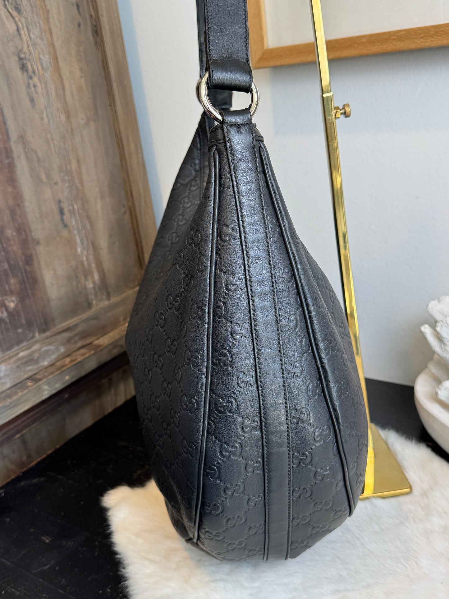 GUCCI Large Guccissima Signature Black Twins Leather Hobo