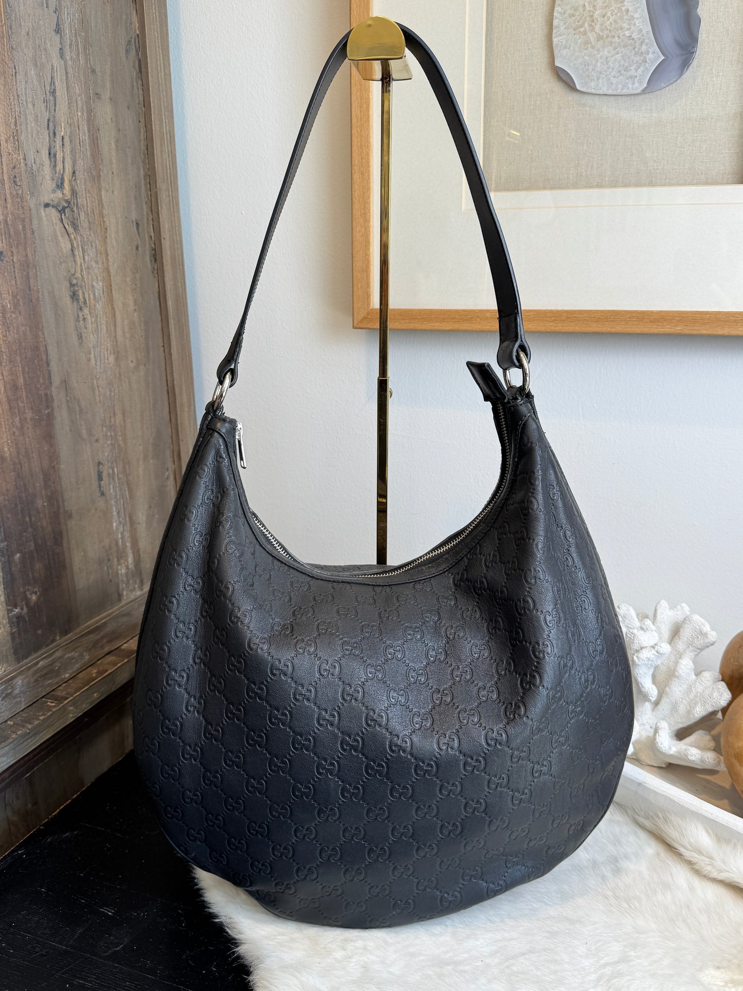 GUCCI Large Guccissima Signature Black Twins Leather Hobo