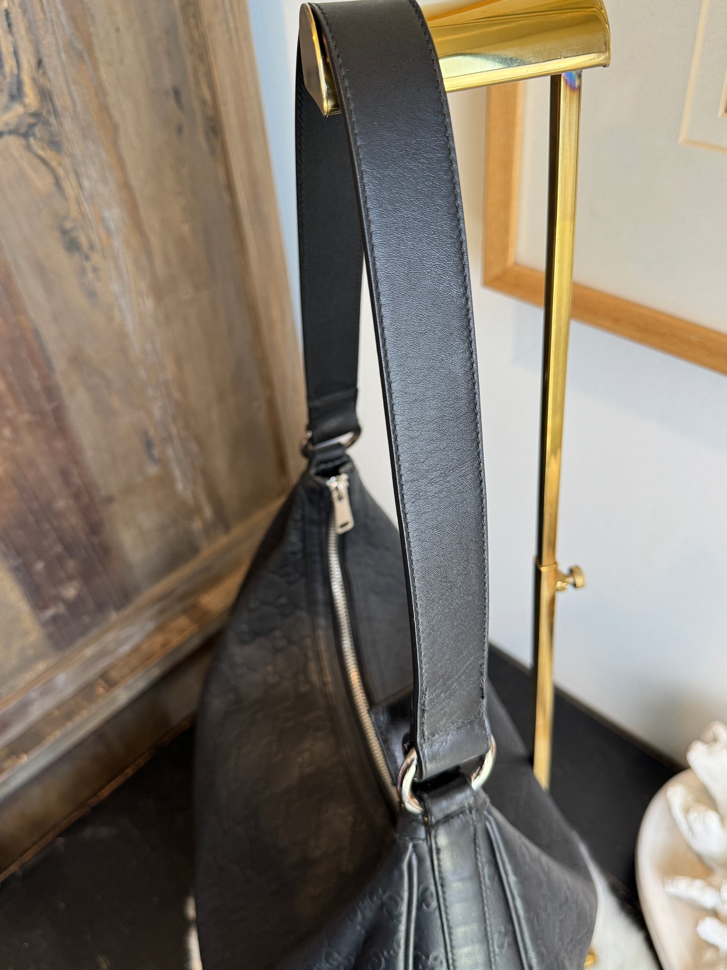 GUCCI Large Guccissima Signature Black Twins Leather Hobo