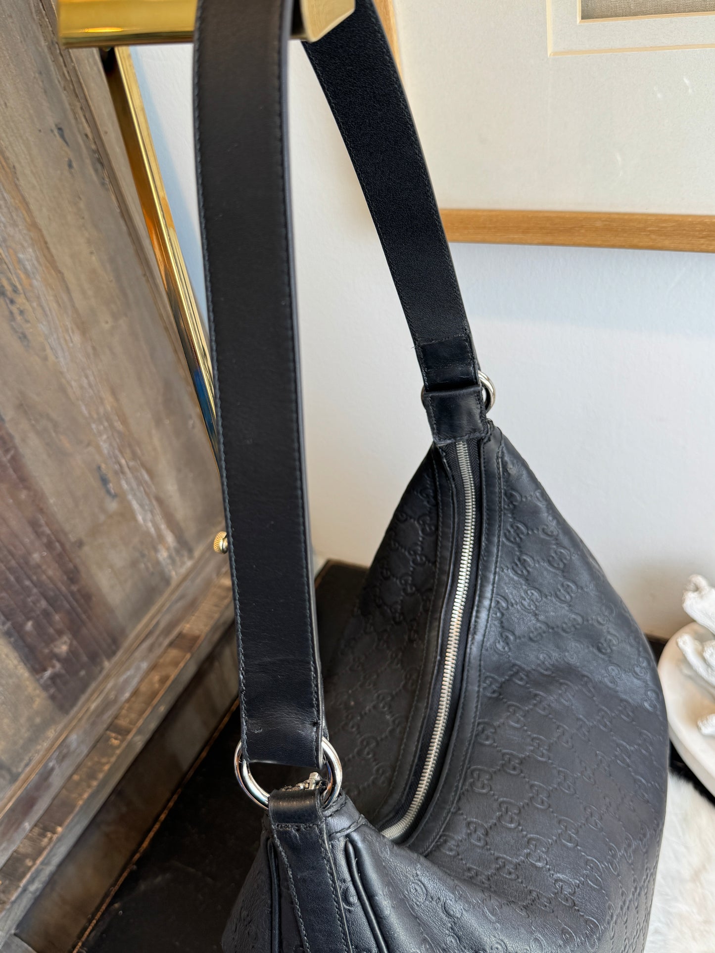 GUCCI Large Guccissima Signature Black Twins Leather Hobo