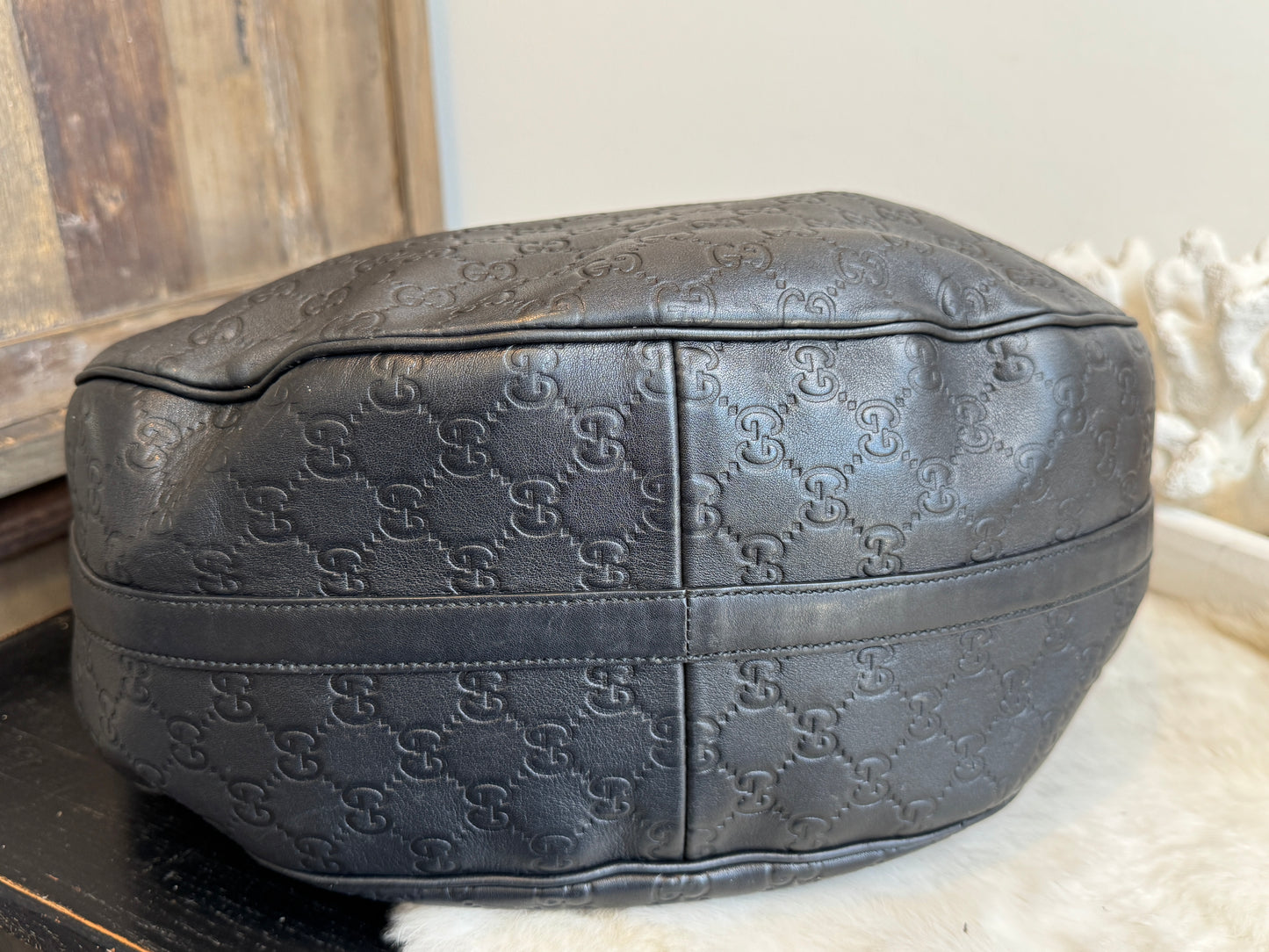 GUCCI Large Guccissima Signature Black Twins Leather Hobo