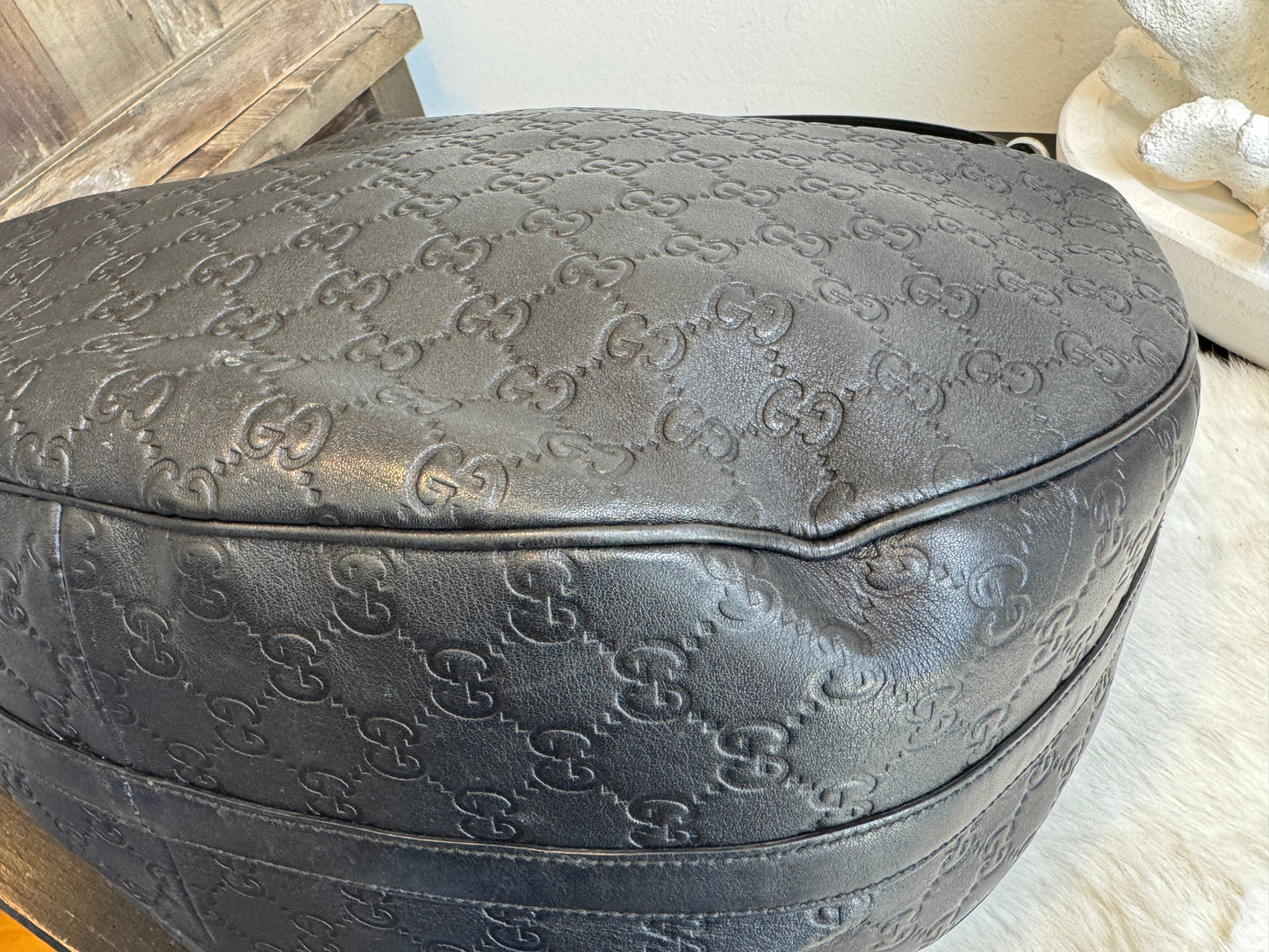 GUCCI Large Guccissima Signature Black Twins Leather Hobo